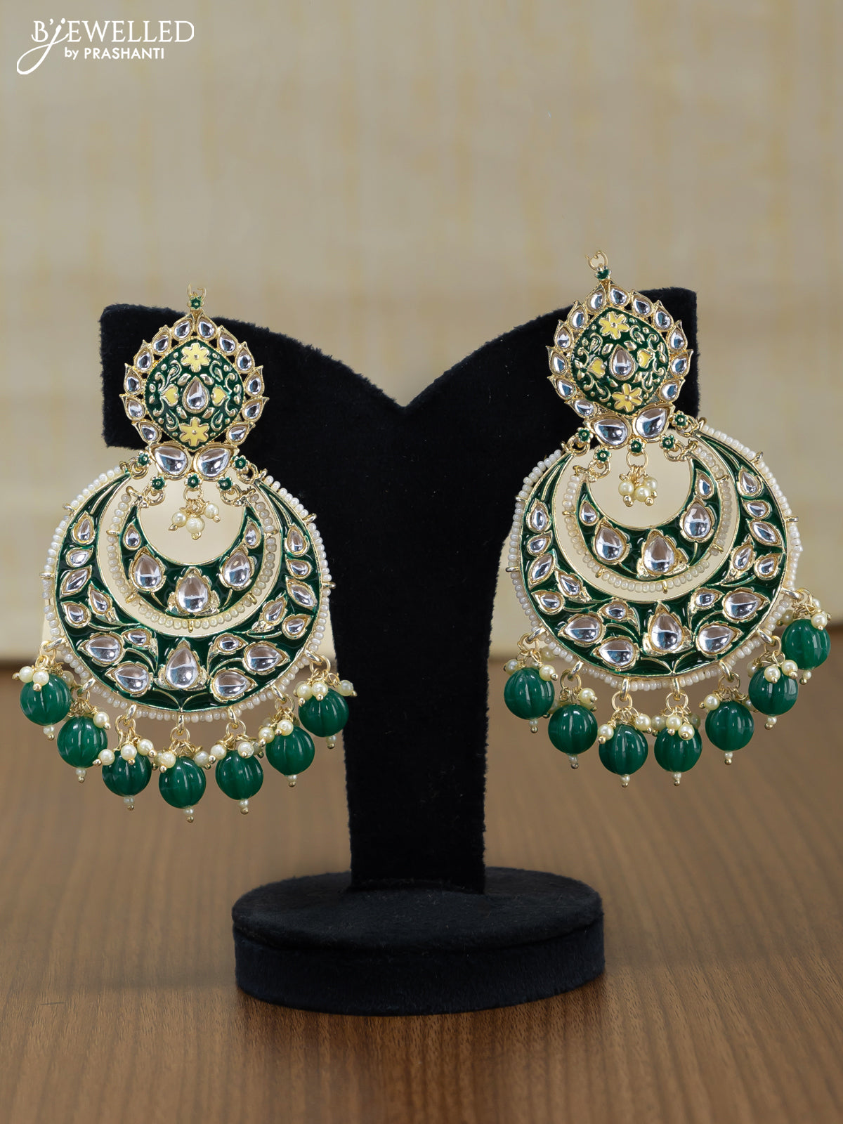 Light weight chandbali green minakari earrings with pearl maatal