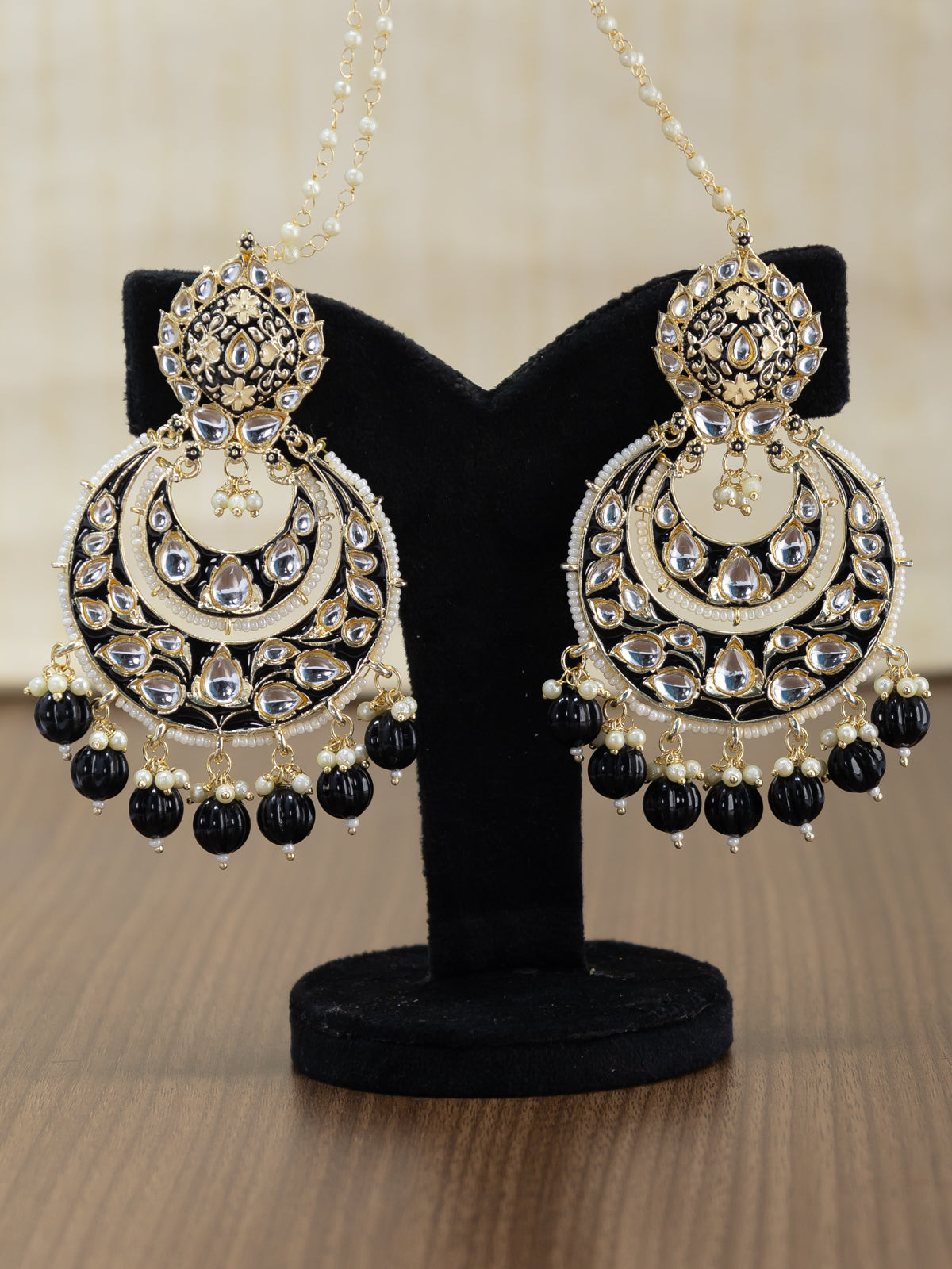 Light weight chandbali black minakari earrings with pearl maatal