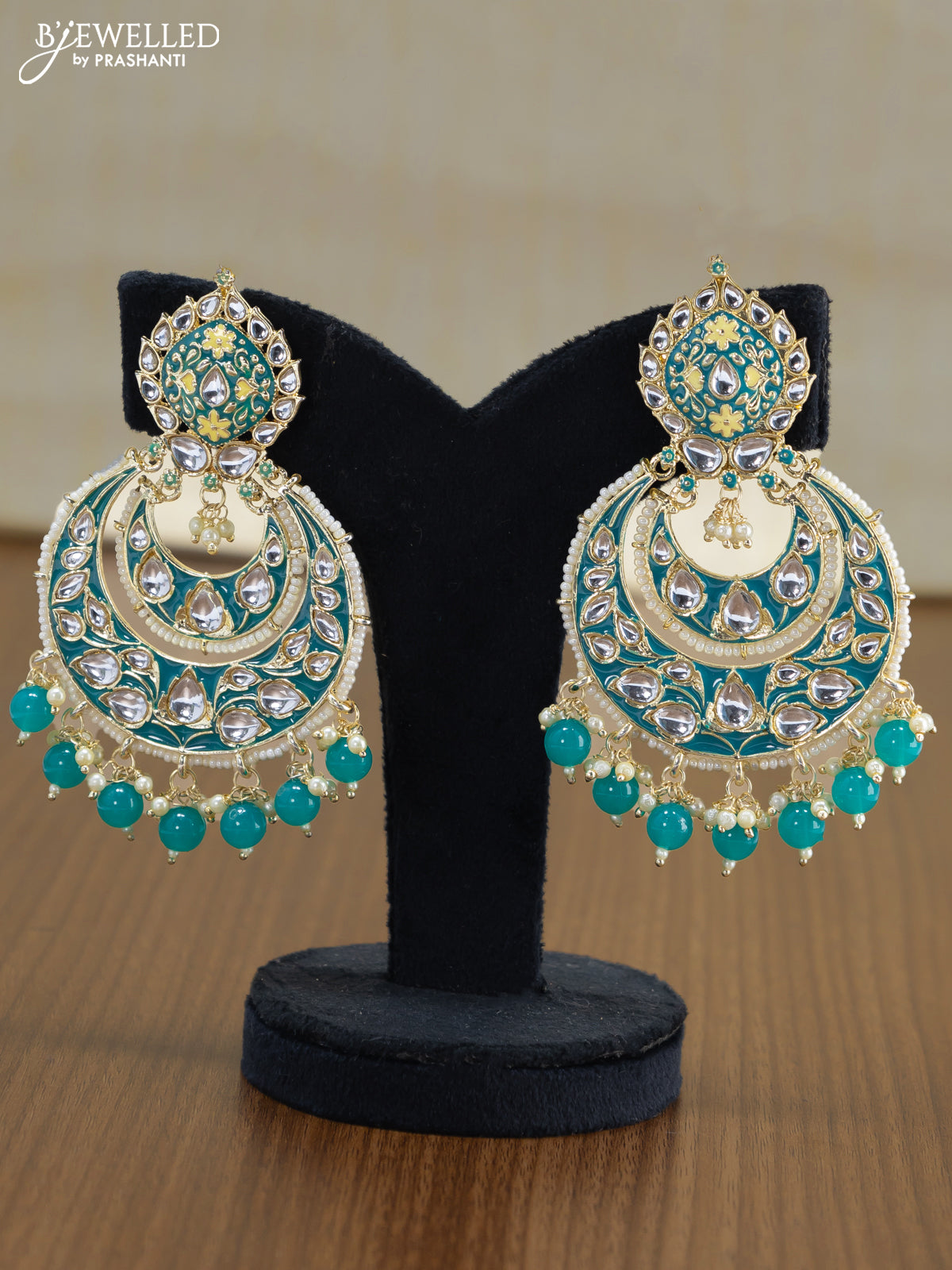 Light weight chandbali teal green minakari earrings with pearl maatal