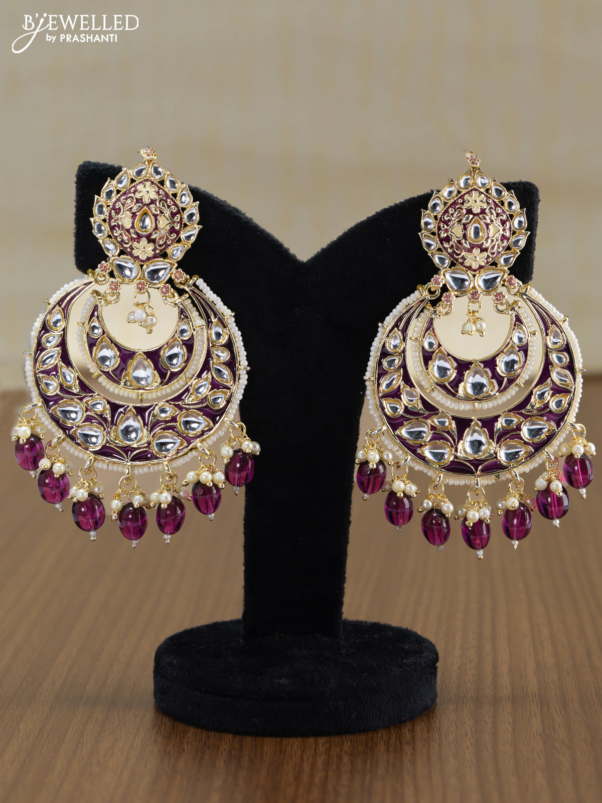 Light weight chandbali maroon minakari earrings with pearl maatal