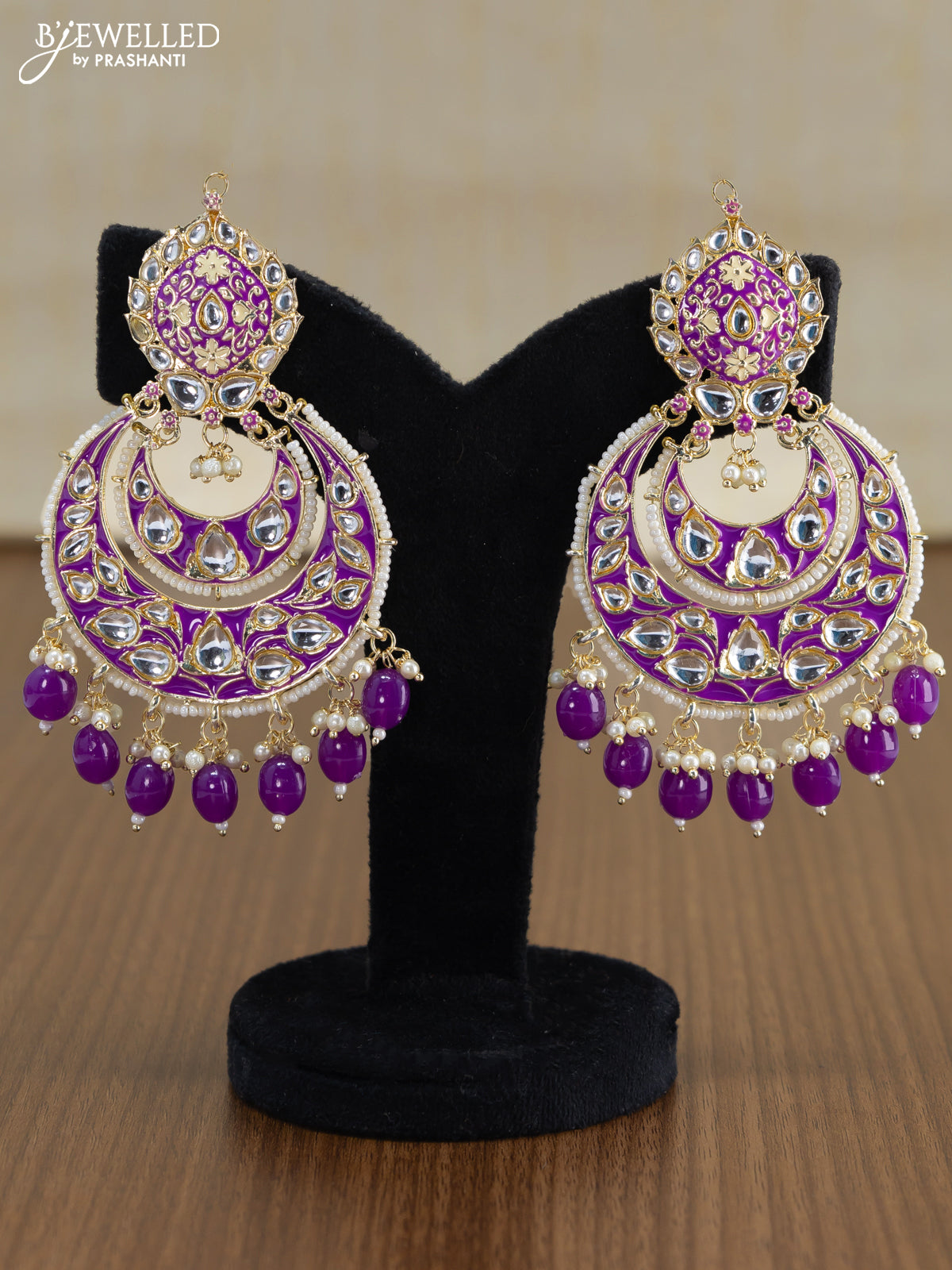 Light weight chandbali violet minakari earrings with pearl maatal