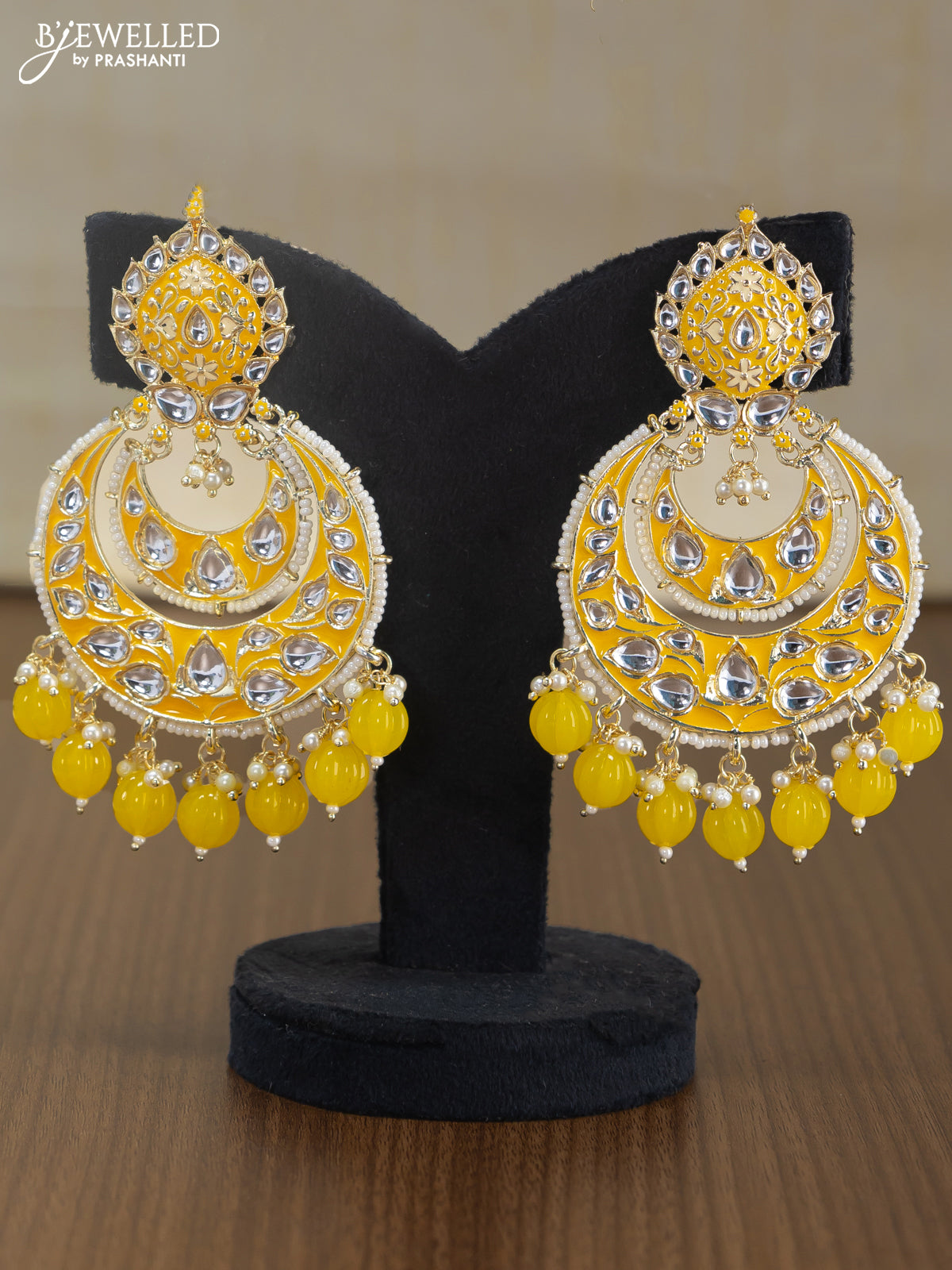 Light weight chandbali yellow minakari earrings with pearl maatal