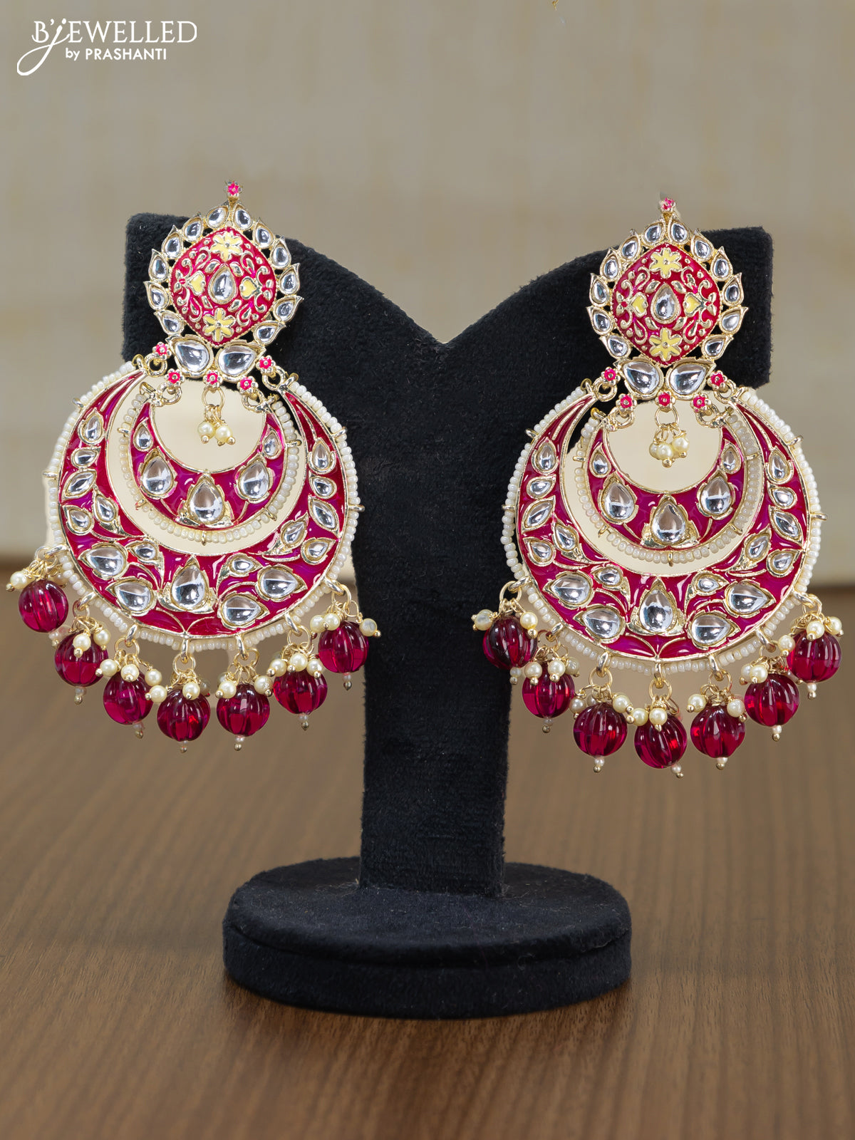 Light weight chandbali maroon minakari earrings with pearl maatal