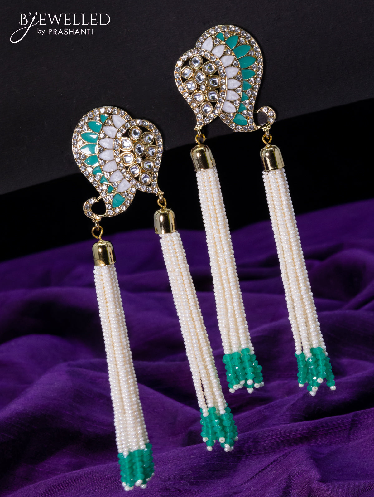 Light weight earrings teal green and cz stone with pearl hangings