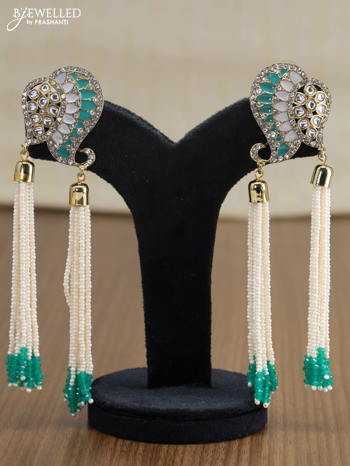 Light weight earrings teal green and cz stone with pearl hangings