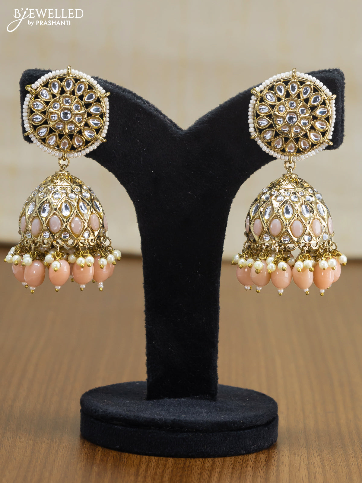 Light weight jhumkas peach and cz stone with beads hangings