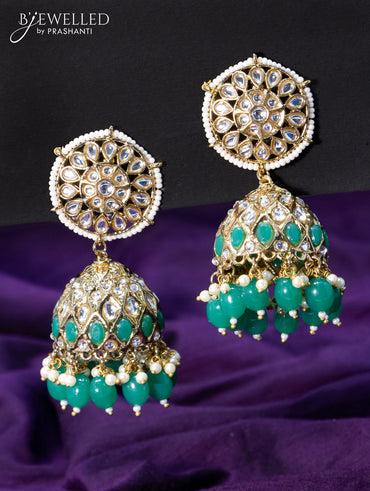 Light weight jhumkas green and cz stone with beads hangings