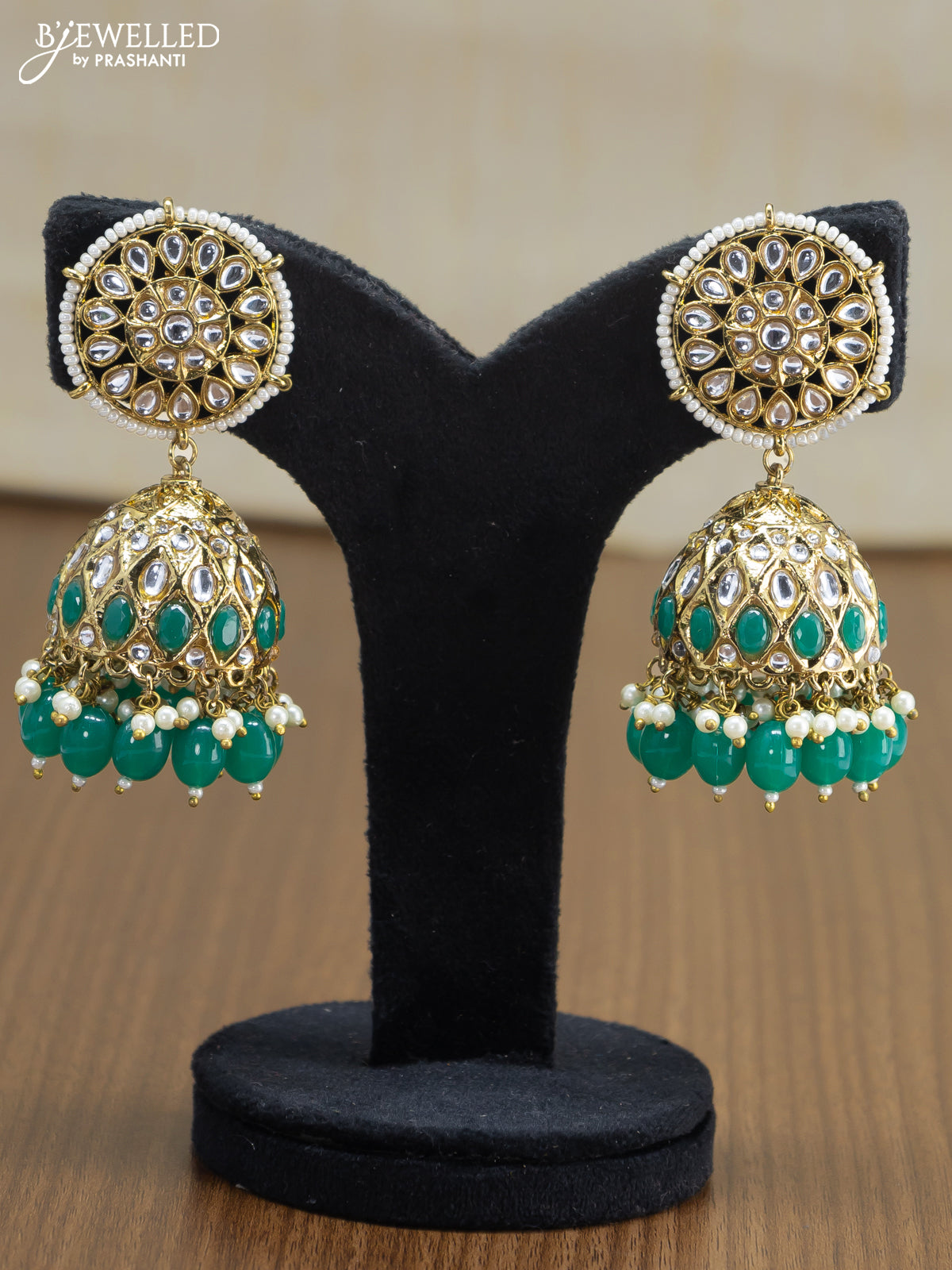 Light weight jhumkas green and cz stone with beads hangings