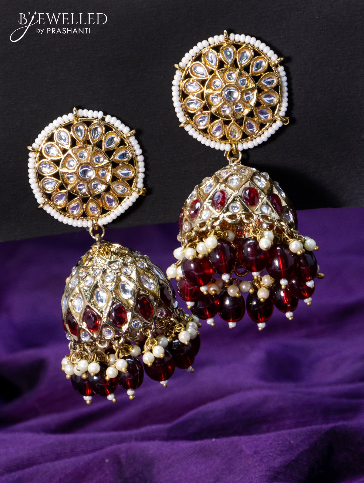 Light weight jhumkas maroon and cz stone with beads hangings