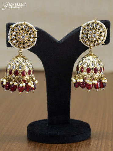 Light weight jhumkas maroon and cz stone with beads hangings