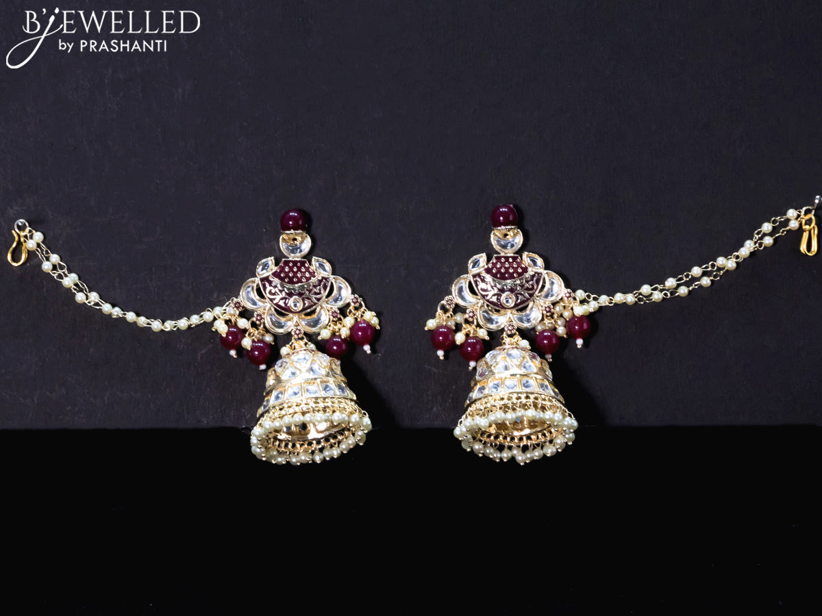 Light weight maroon jhumkas with kundan stones and pearl maatal