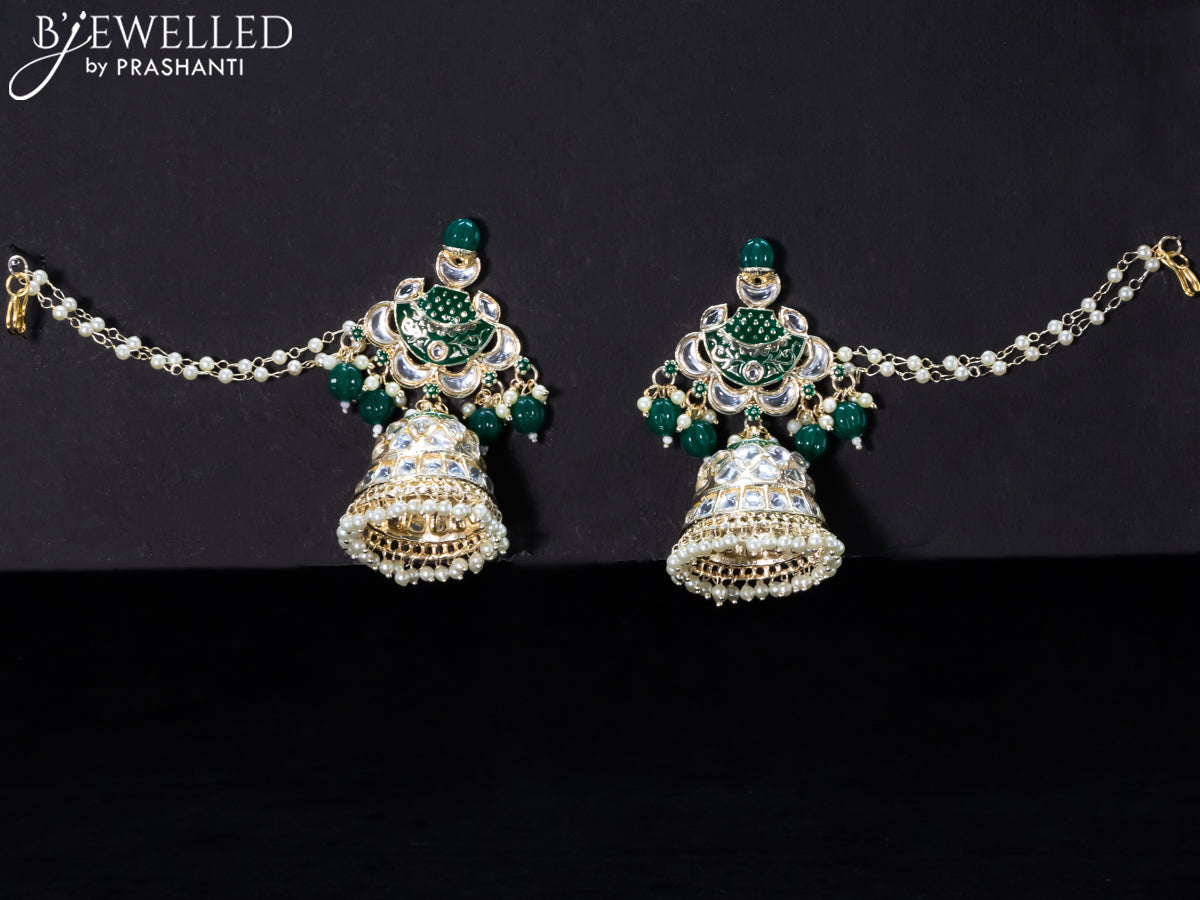 Light weight green jhumkas with kundan stones and pearl maatal