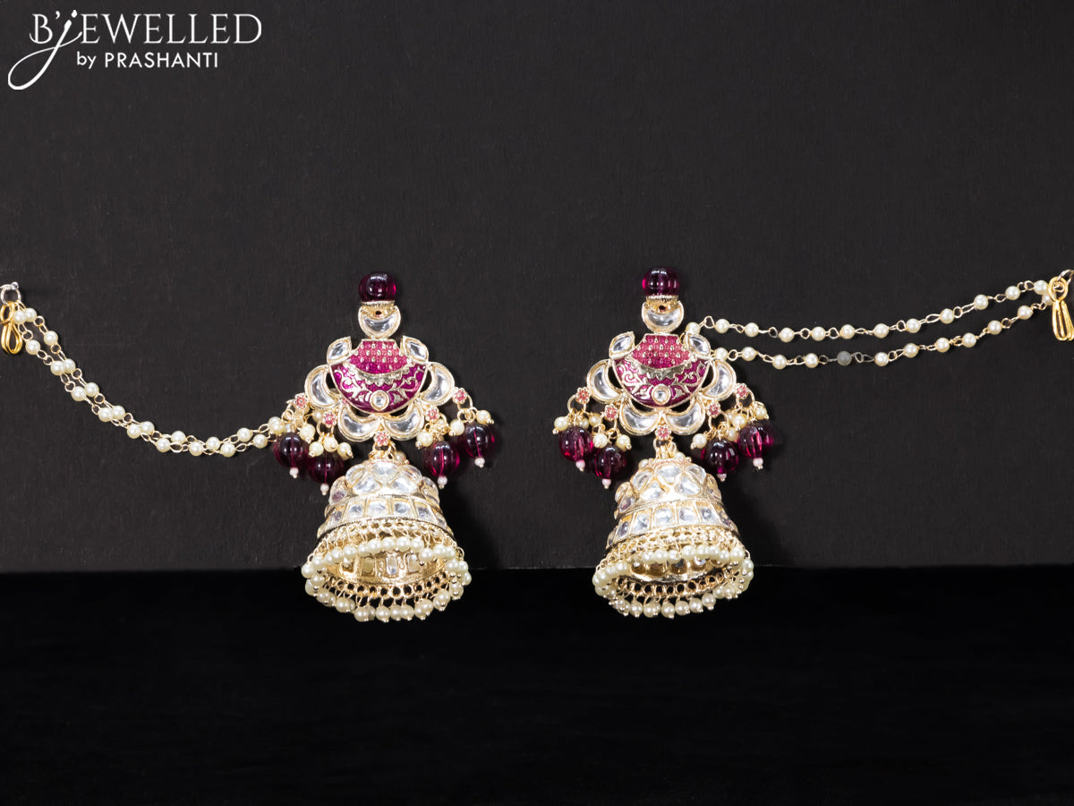 Light weight purple jhumkas with kundan stones and pearl maatal