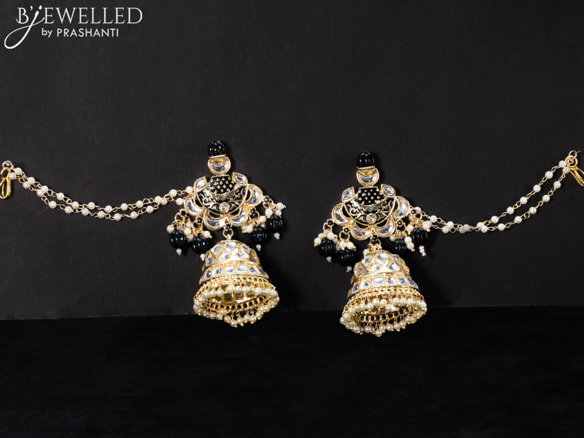 Light weight black jhumkas with kundan stones and pearl maatal