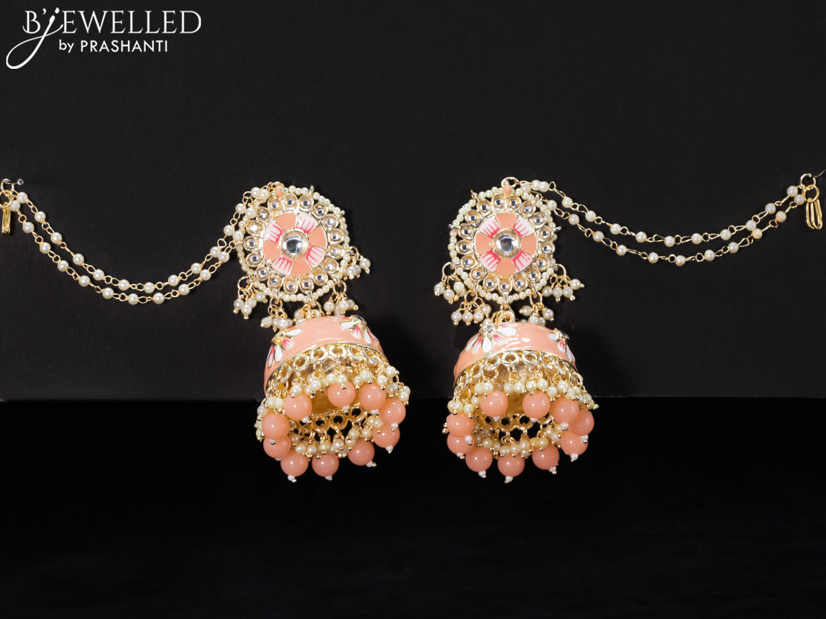 Light weight minakari peach jhumkas with pearl maatal