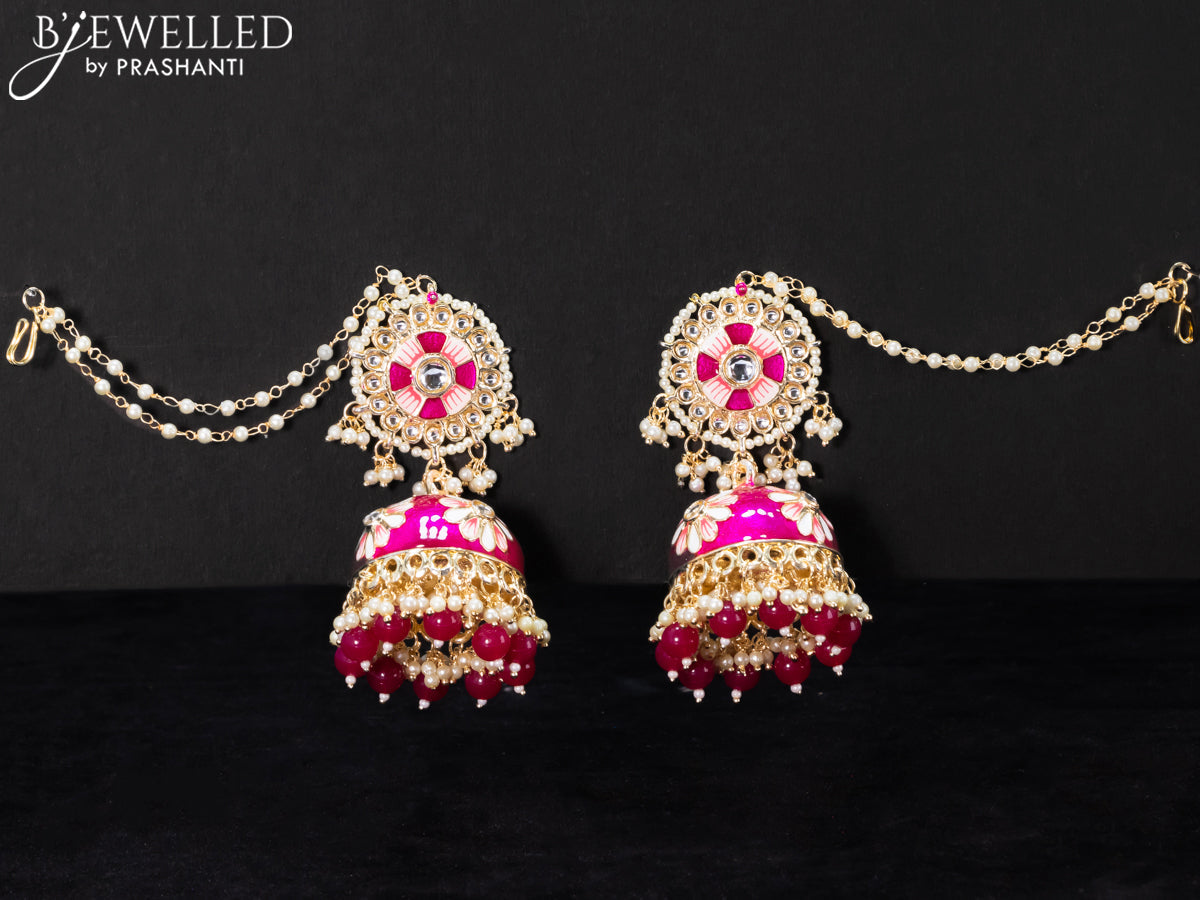 Light weight minakari dark pink jhumkas with pearl maatal