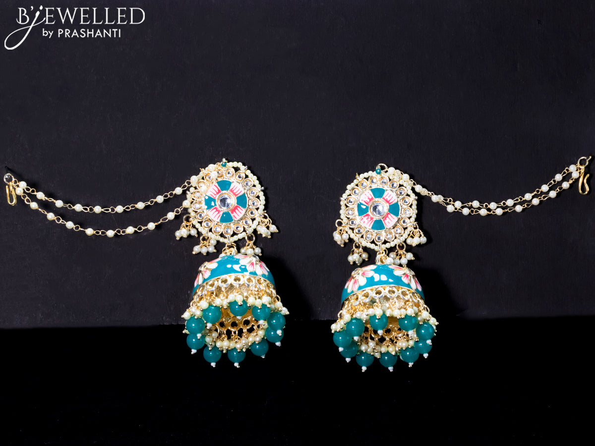 Light weight minakari teal green jhumkas with pearl maatal