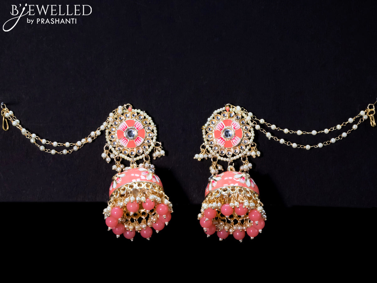 Light weight minakari peach pink jhumkas with pearl maatal