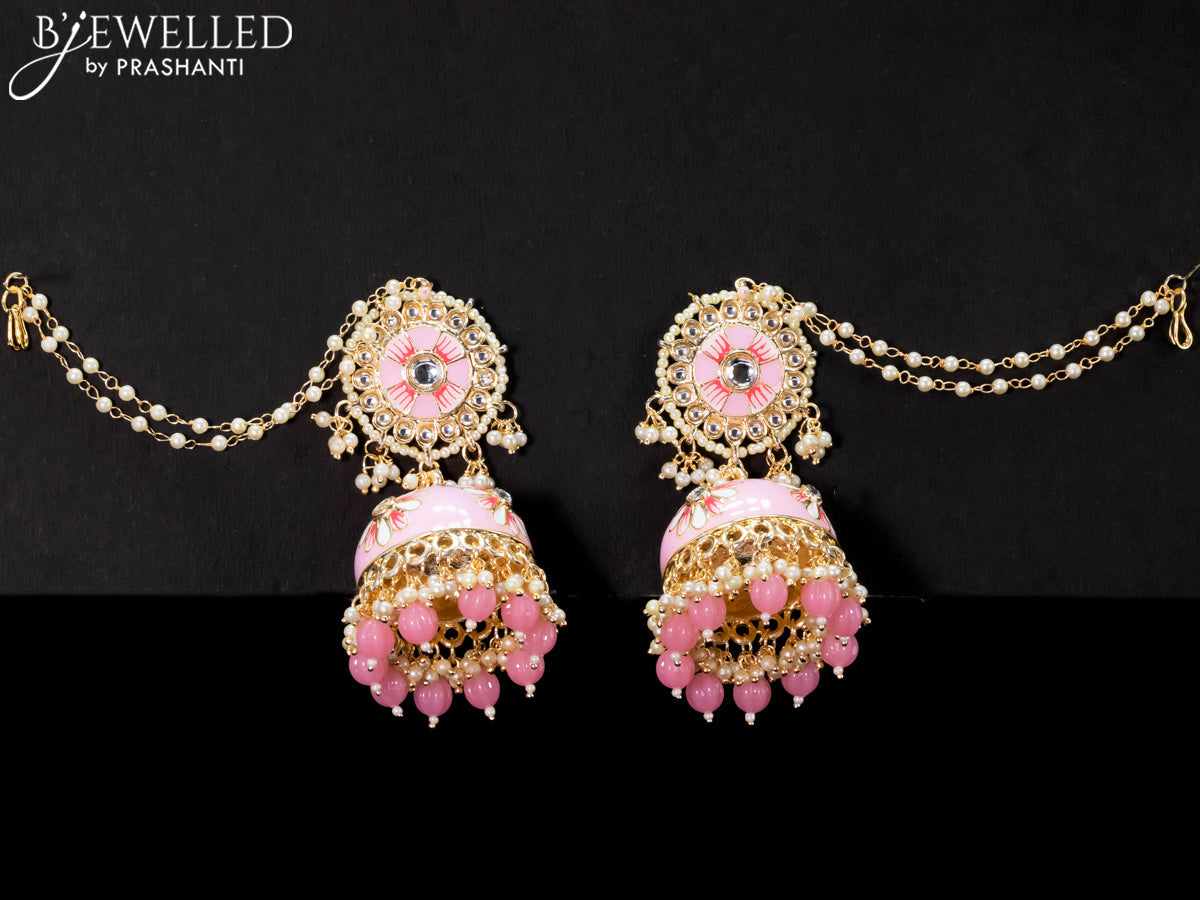 Light weight minakari baby pink jhumkas with pearl maatal