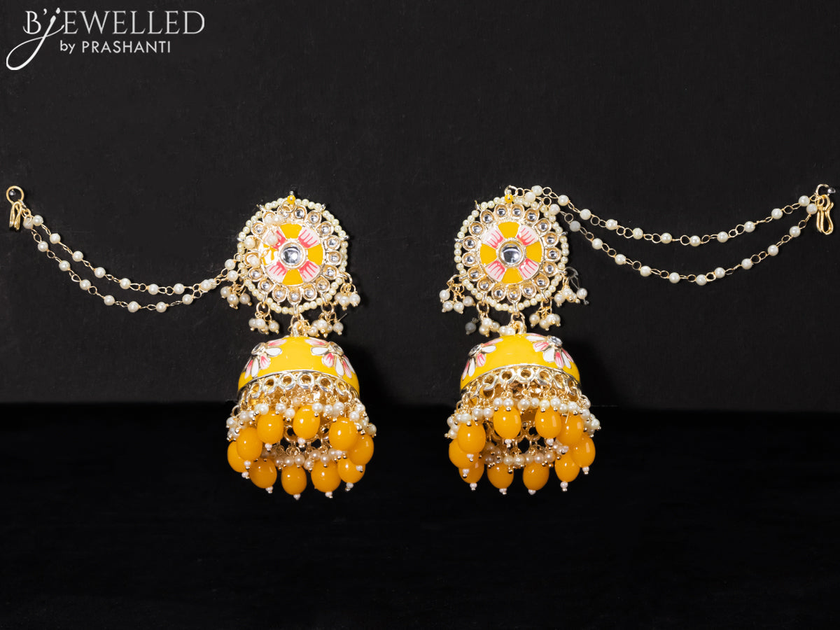 Light weight minakari yellow jhumkas with pearl maatal