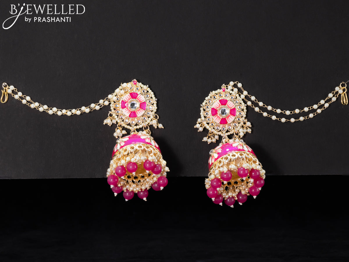 Light weight minakari pink jhumkas with pearl maatal