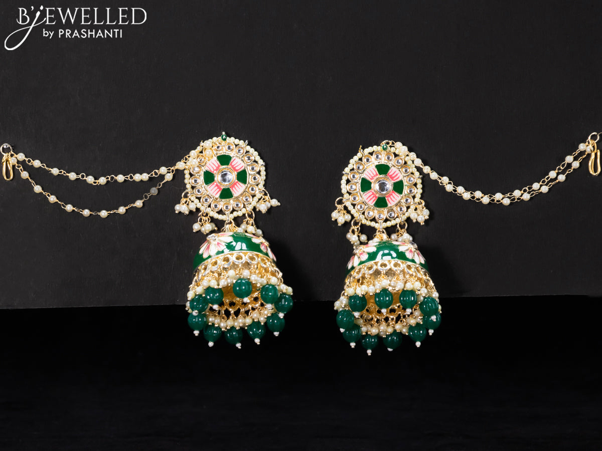 Light weight minakari green jhumkas with pearl maatal