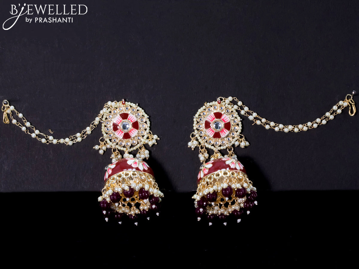 Light weight minakari maroon jhumkas with pearl maatal