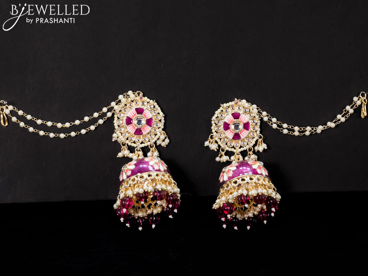 Light weight minakari purple jhumkas with pearl maatal