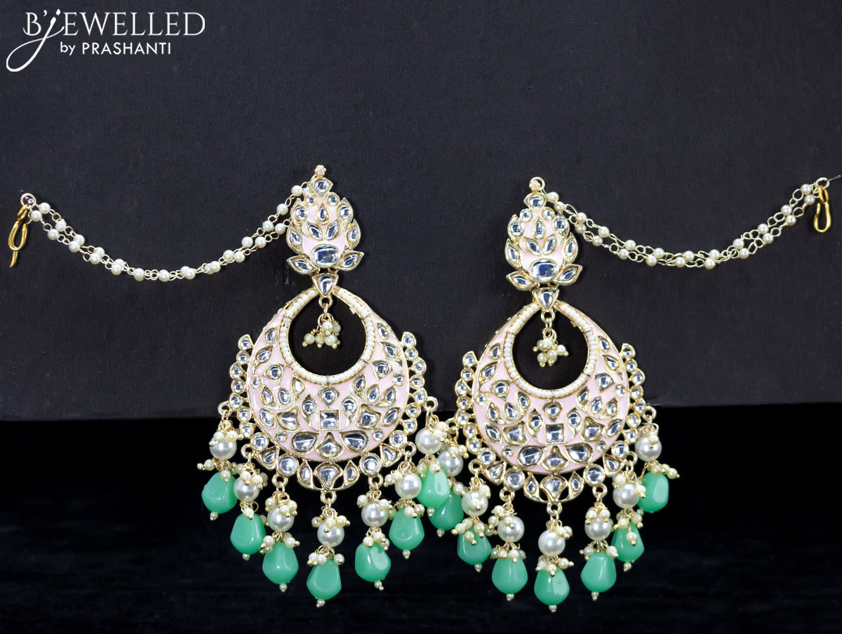 Light weight chandbali baby pink minakari earrings with teal green beads