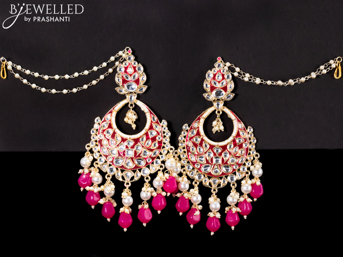 Light weight chandbali pink minakari earrings with pearl maatal