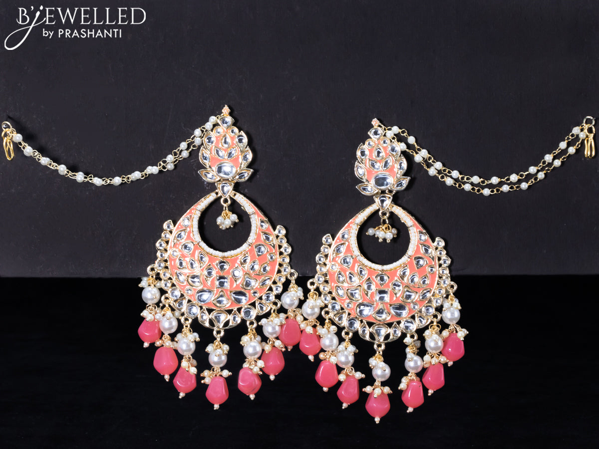 Light weight chandbali peach pink minakari earrings with pearl maatal