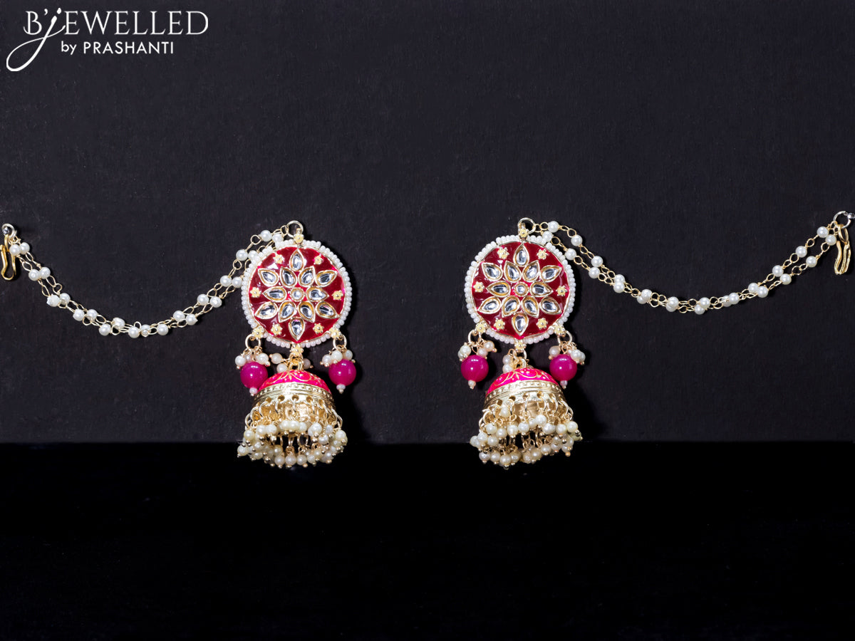 Light weight jhumkas with pink minakari and pearl maatal