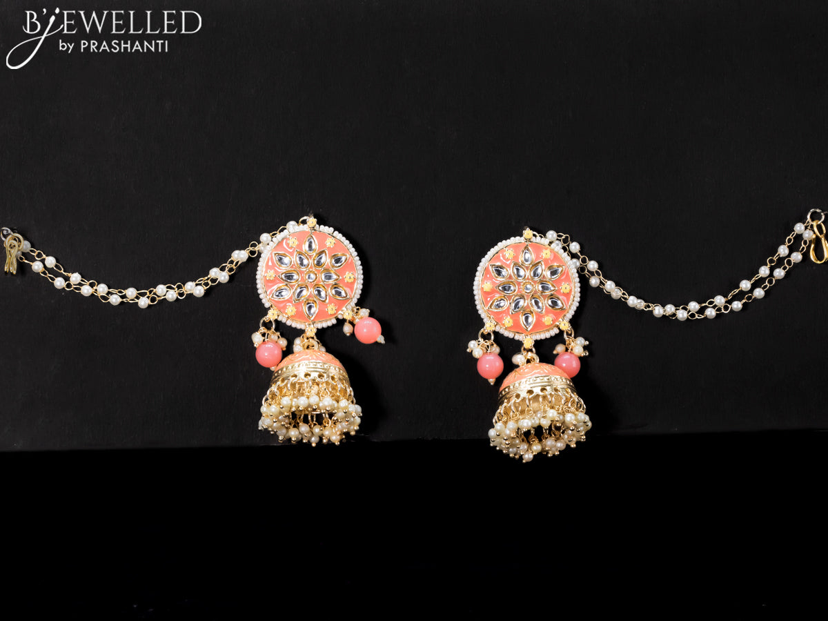 Light weight jhumkas with peach minakari and pearl maatal