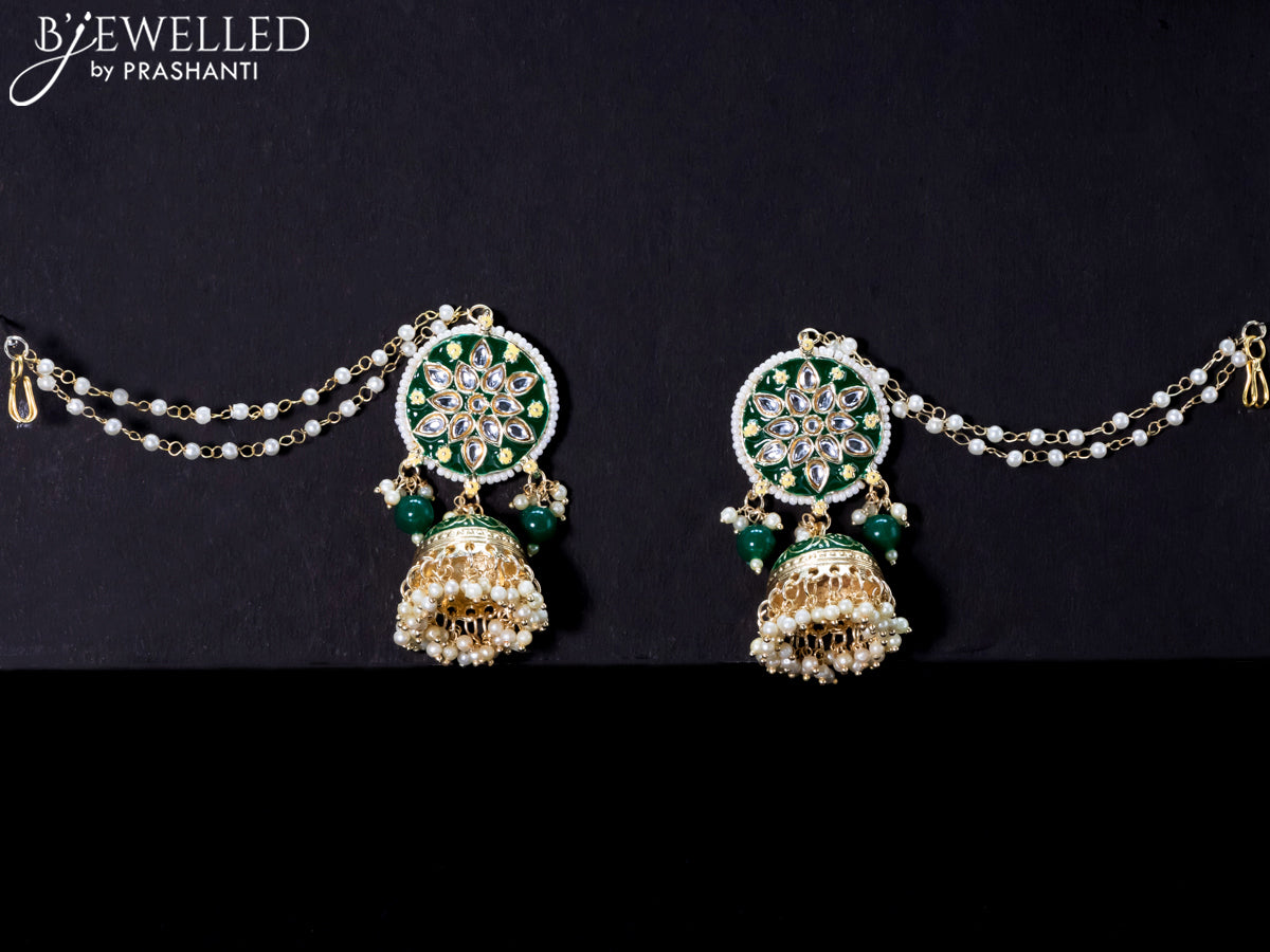 Light weight jhumkas with green minakari and pearl maatal