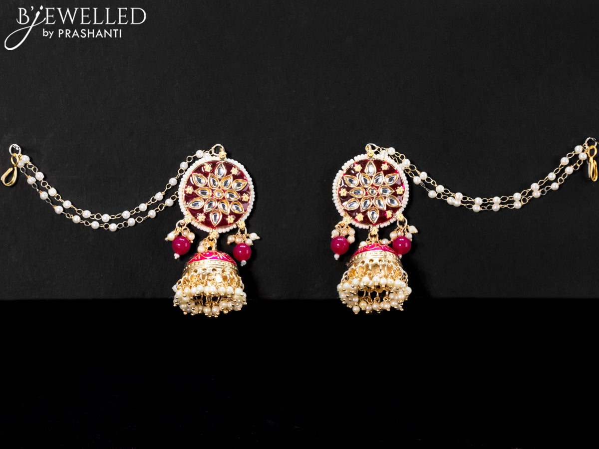 Light weight jhumkas with dark pink minakari and pearl maatal