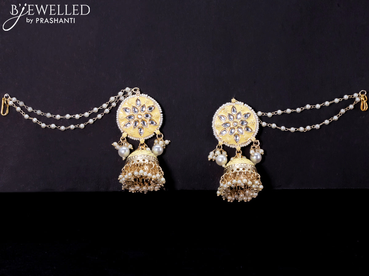 Light weight jhumkas with cream minakari and pearl maatal