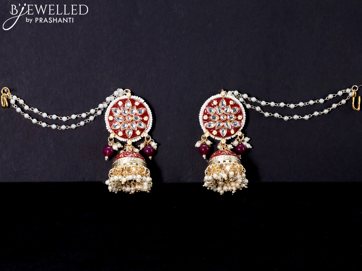 Light weight jhumkas with maroon minakari and pearl maatal