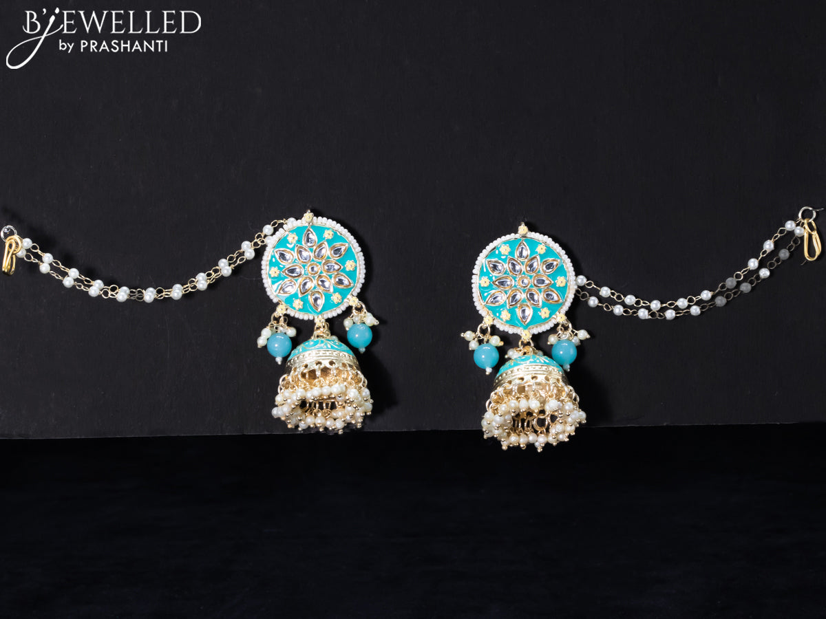 Light weight jhumkas with light blue minakari and pearl maatal