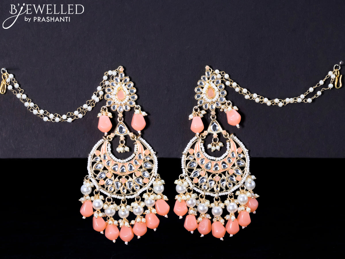 Light weight chandbali peach minakari earrings with pearl maatal