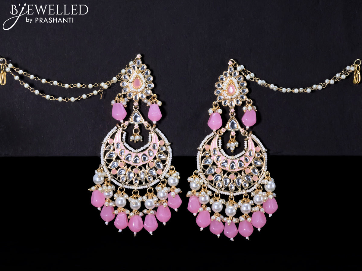 Light weight chandbali baby pink minakari earrings with pearl maatal