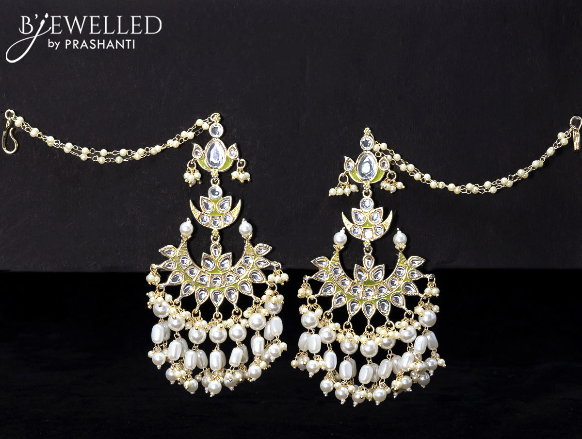 Light weight chandbali olive green minakari earrings with pearl maatal