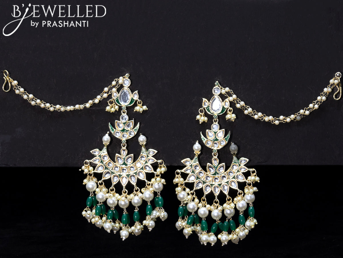 Light weight chandbali peacock green minakari earrings with pearl maatal