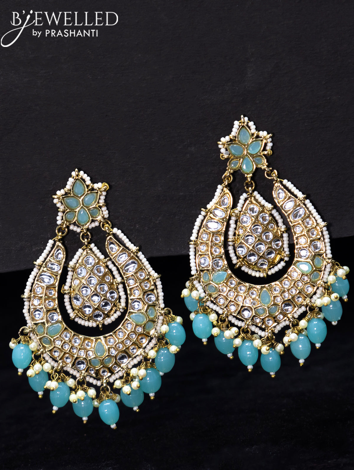 Light weight earrings light blue and kundan stone with beads hangings