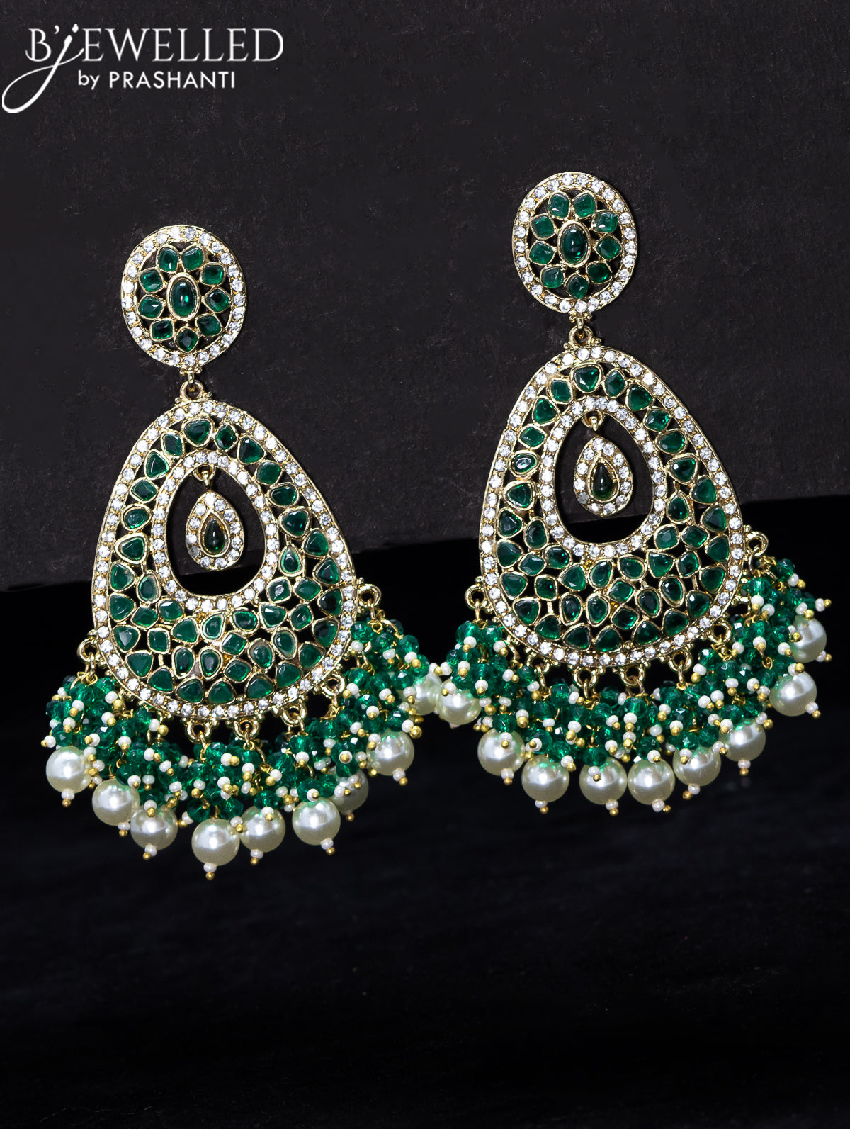 Light weight earrings green and cz stone with pearl hangings