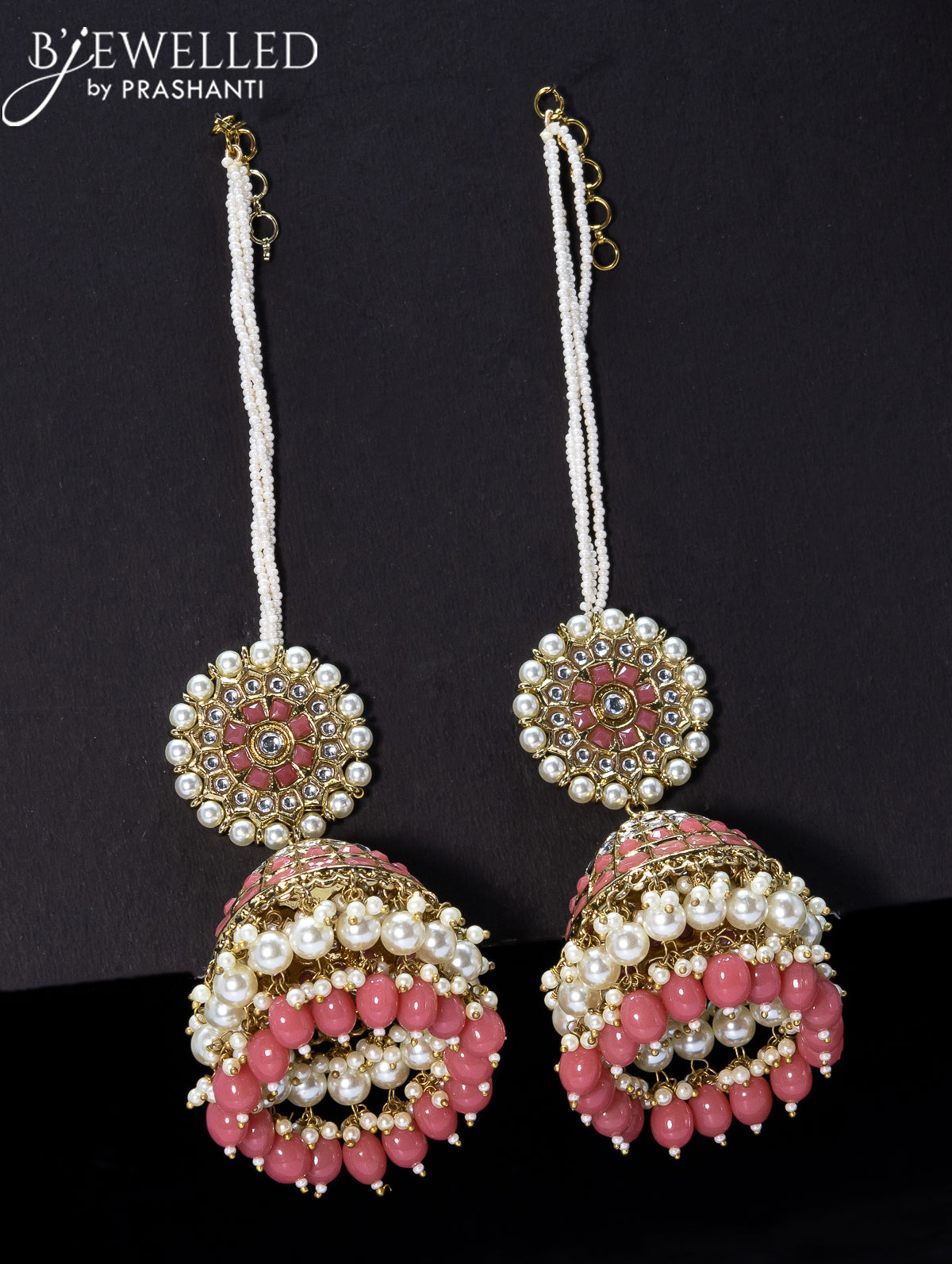 Light weight jhumka peach pink and kundan stone with pearl maatal