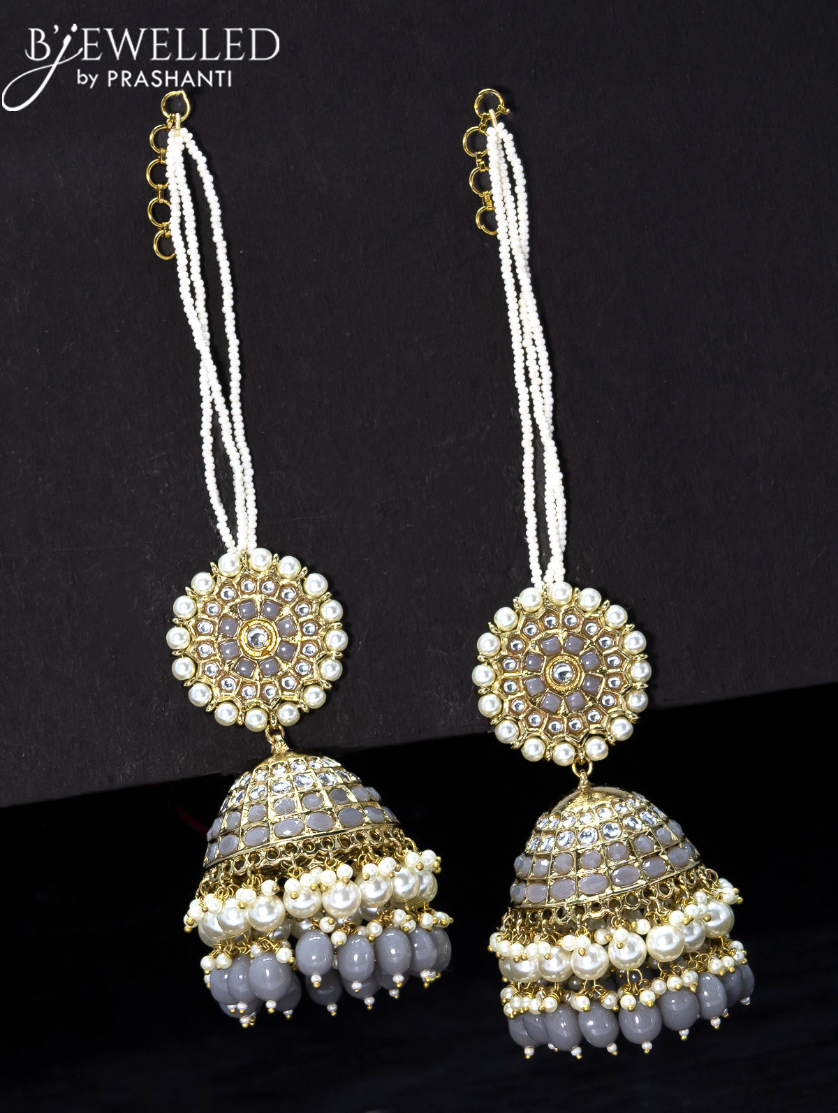 Light weight jhumka grey and kundan stone with pearl maatal