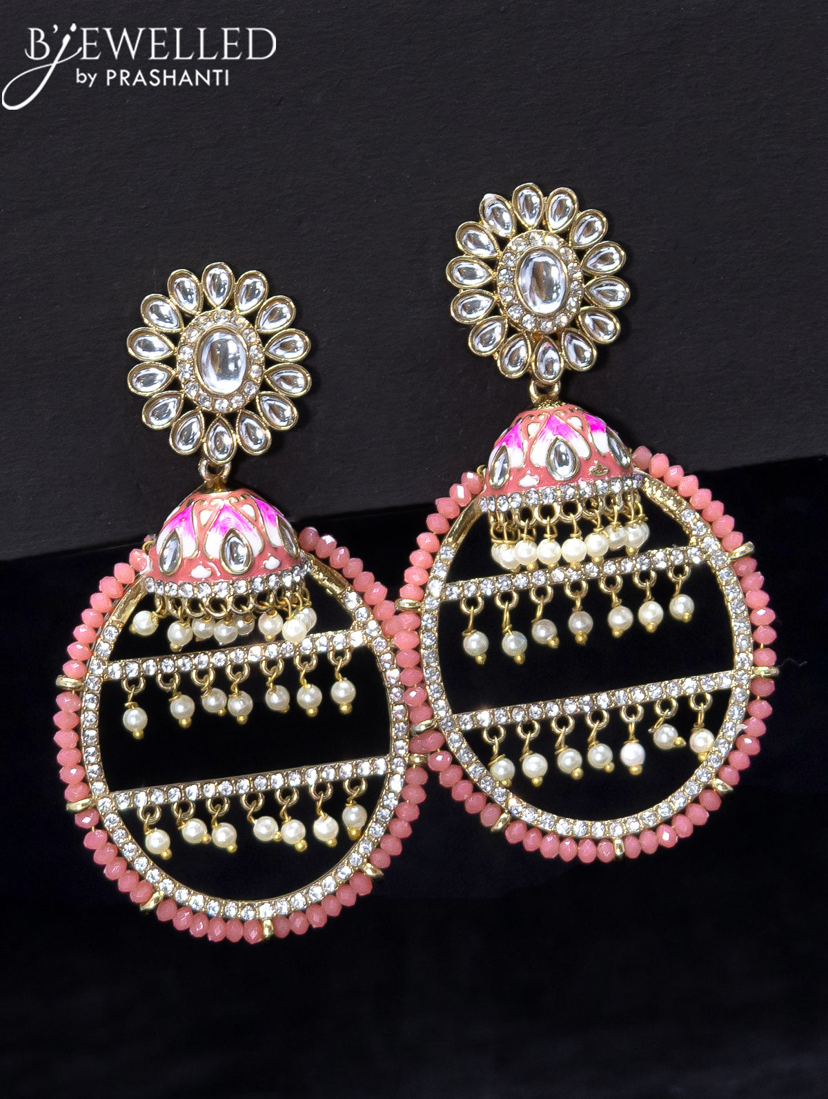 Light weight earrings with kundan stone and peach pink crystal beads