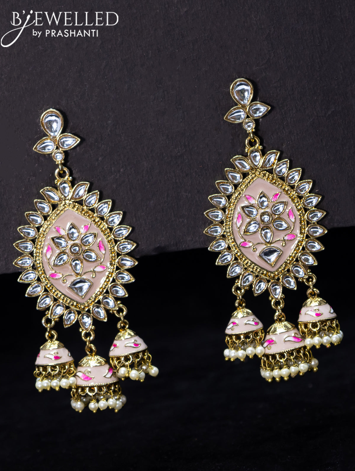 Light weight pastel brown minakari jhumka with kundan stones