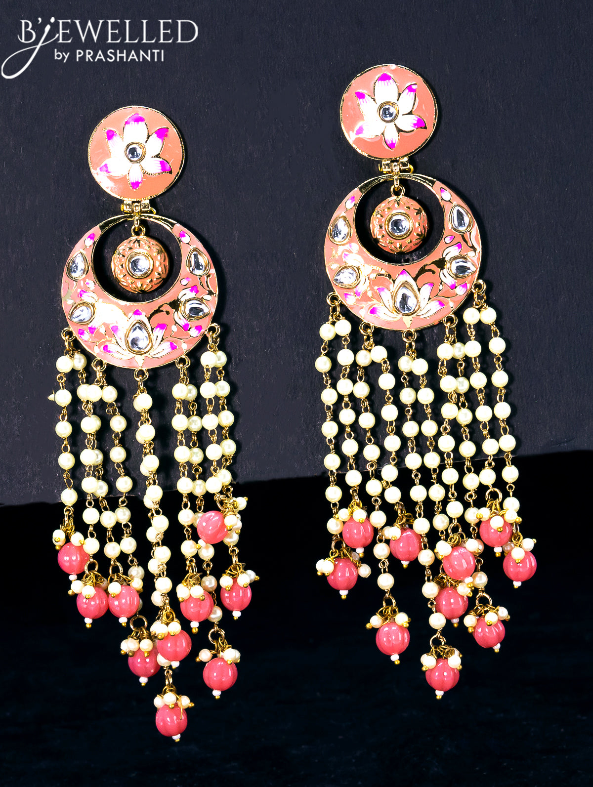 Light weight chandbali peach pink minakari earrings with pearl and beads hangings