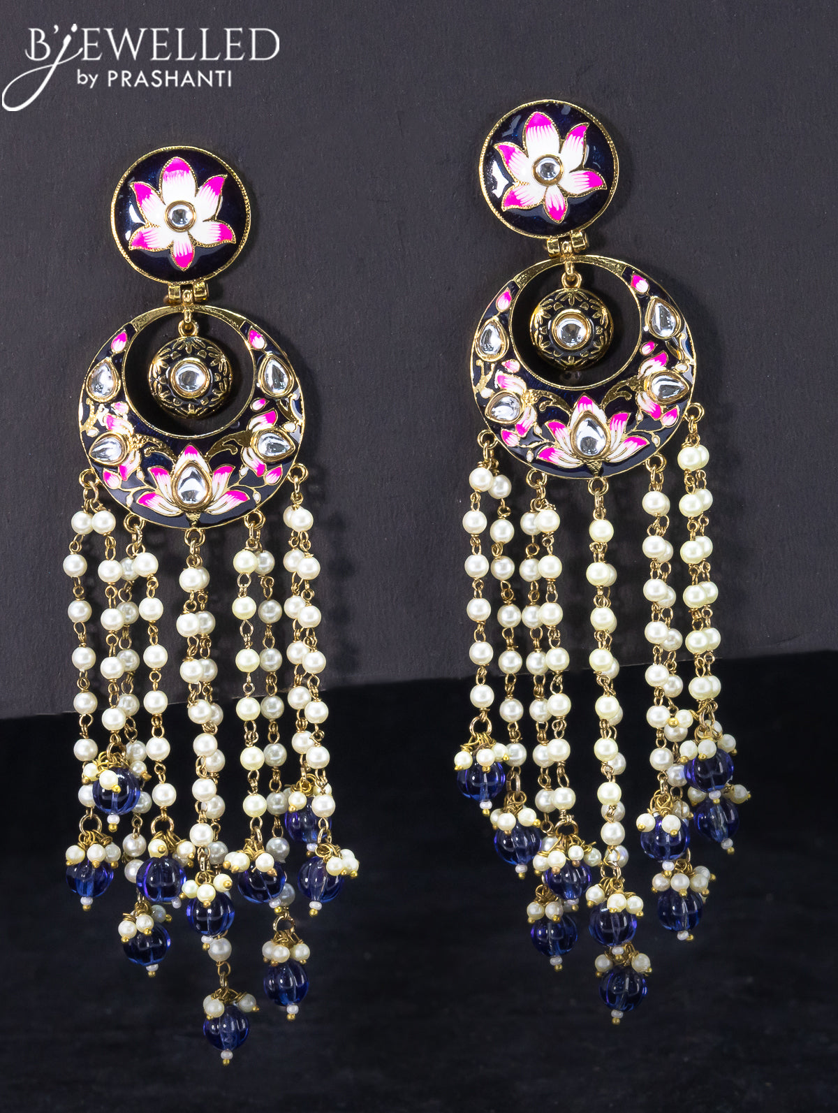 Light weight chandbali blue minakari earrings with pearl and beads hangings